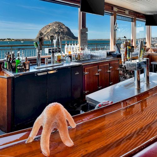 A bar with a view of the ocean and a large rock formation is seen, featuring a plush starfish on the counter.