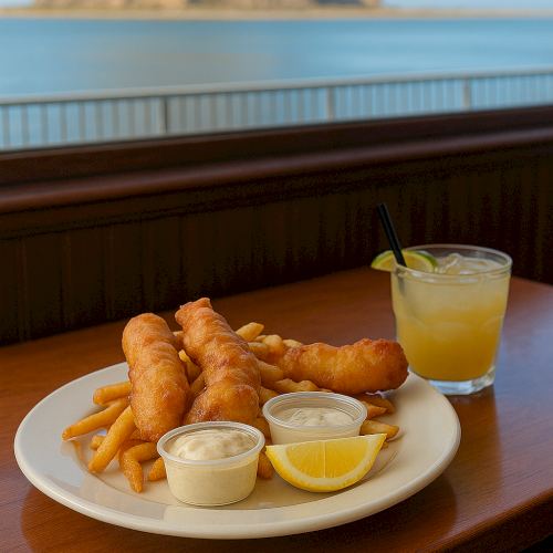 A plate of fish and chips with lemon and tartar sauce, alongside a cold drink, is served with an ocean view in the background.